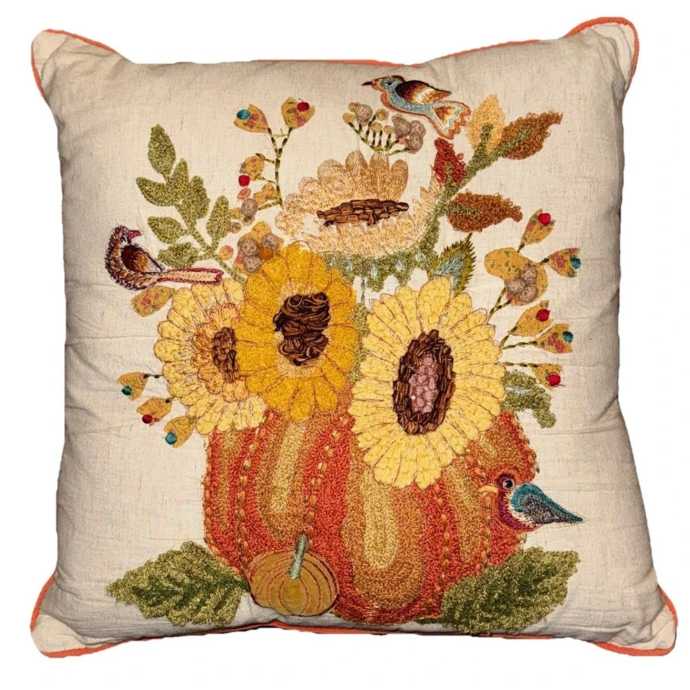 Pier 1 Throw Pillow Sunflowers Birds Crewel Embroidered Harvest Decorative Decor